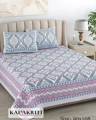 Cotton Jaipuri And Sanganeri Printed Rajasthani Bed Sheet With 2 Pillow Covers 