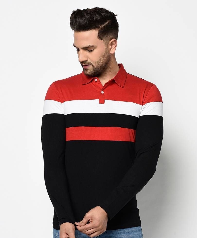 Men's Multicoloured Cotton Striped Polo T- Shirt