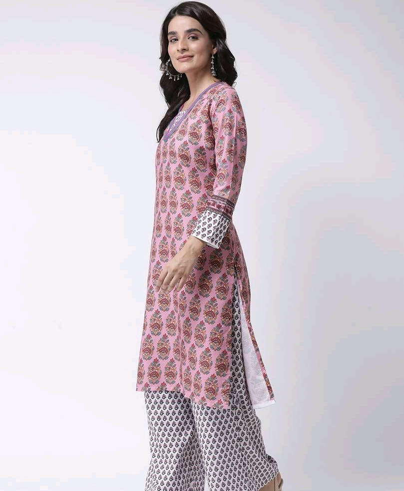 Women's Printed Straight Pink Rayon Kurta , Bottom and Dupatta Set