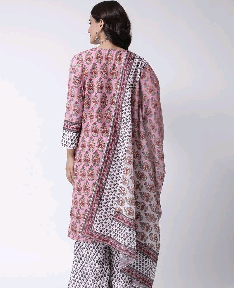 Women's Printed Straight Pink Rayon Kurta , Bottom and Dupatta Set