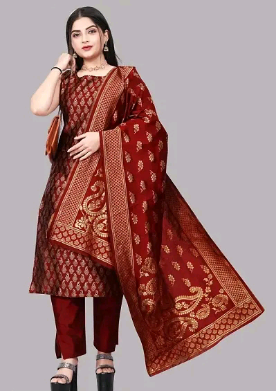 Stylish Banarasi Silk Kurta With Bottom Wear And Dupatta Set For Women