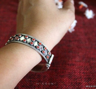 Silver Oxidised Kada  Studded With Coral Stone