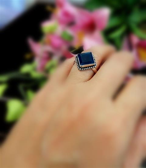 Blue onyx square silver ring