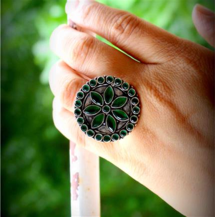 Green Cut Stone Silver Ring