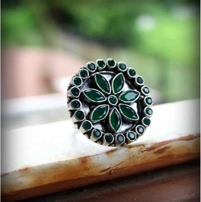 Green Cut Stone Silver Ring