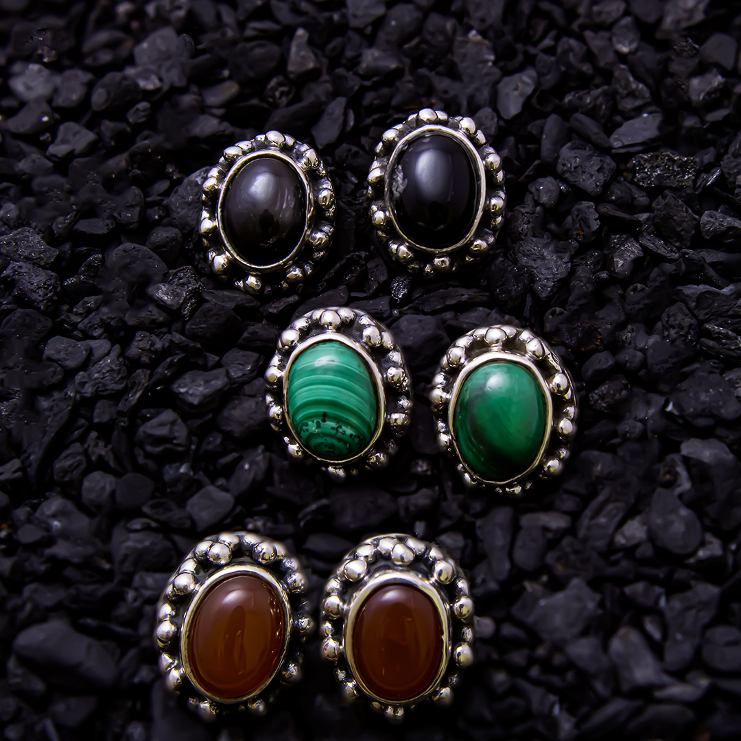 Set of 3 pairs big studs- (Black onyx, Melachite, Carnelian) 