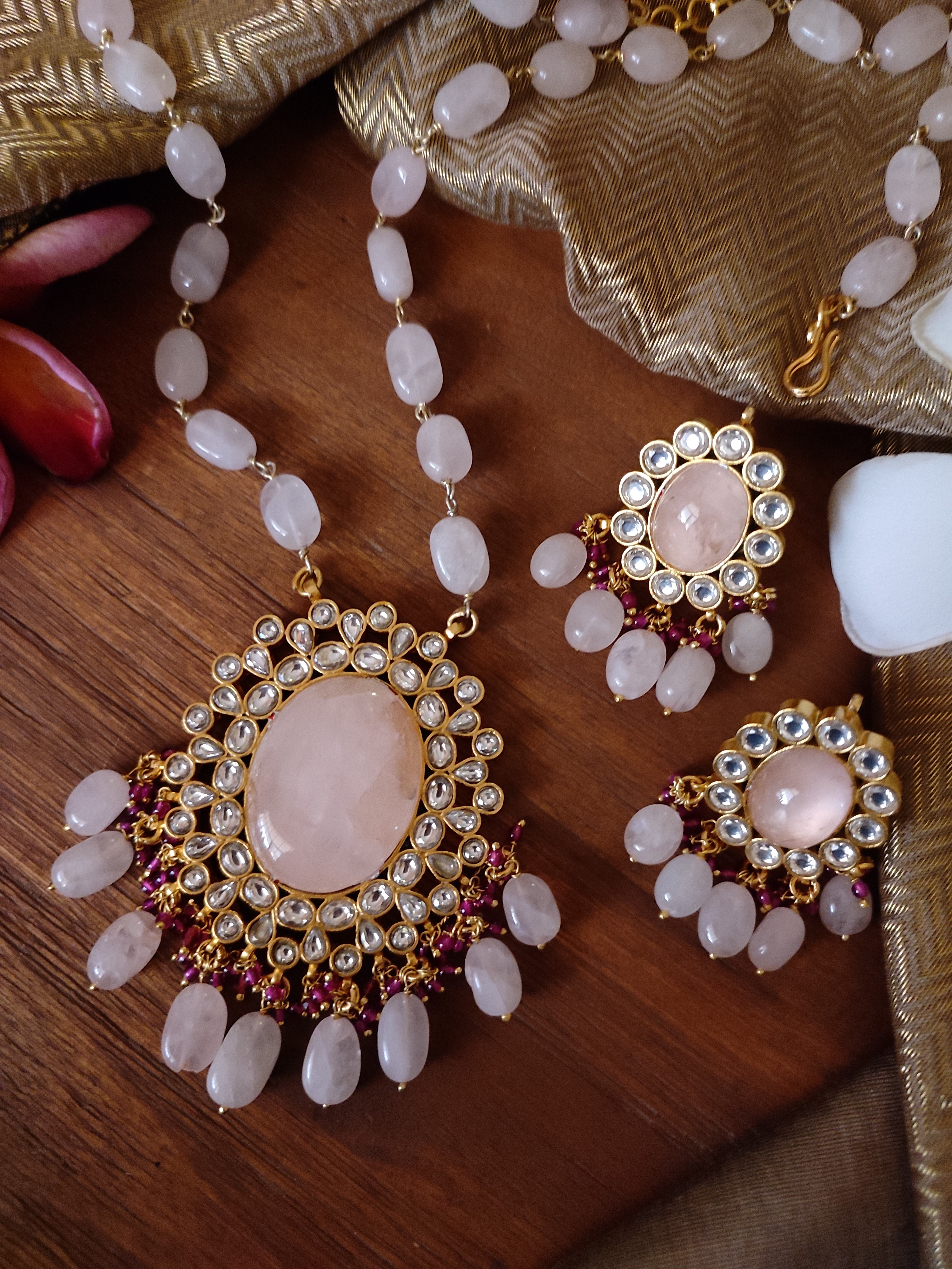 Gharana Rose Quartz Kundan Necklace Set