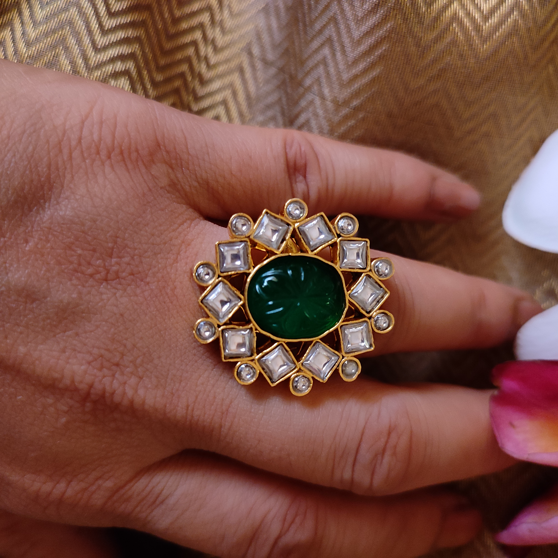 Gharana Green Kundan Ring