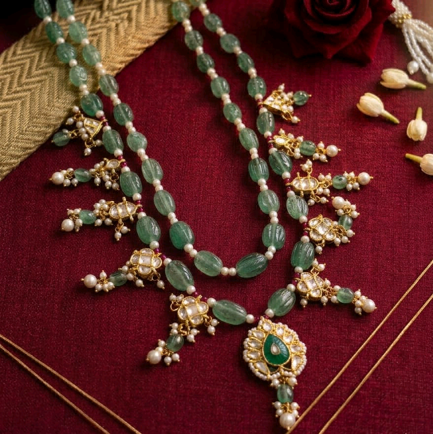 Green beaded kundan necklace set