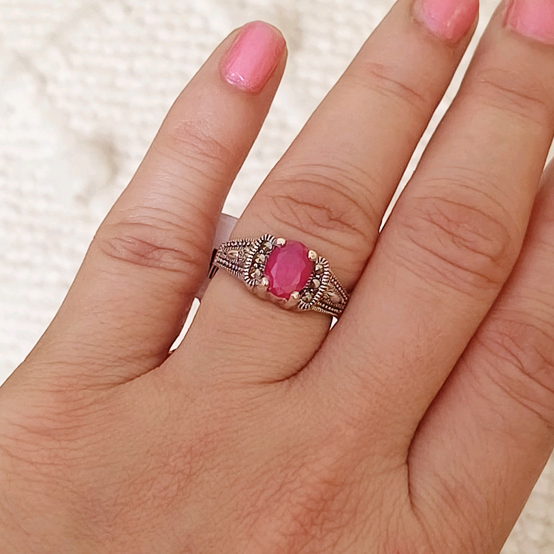 Pink Onyx Marcasite Ring in Silver