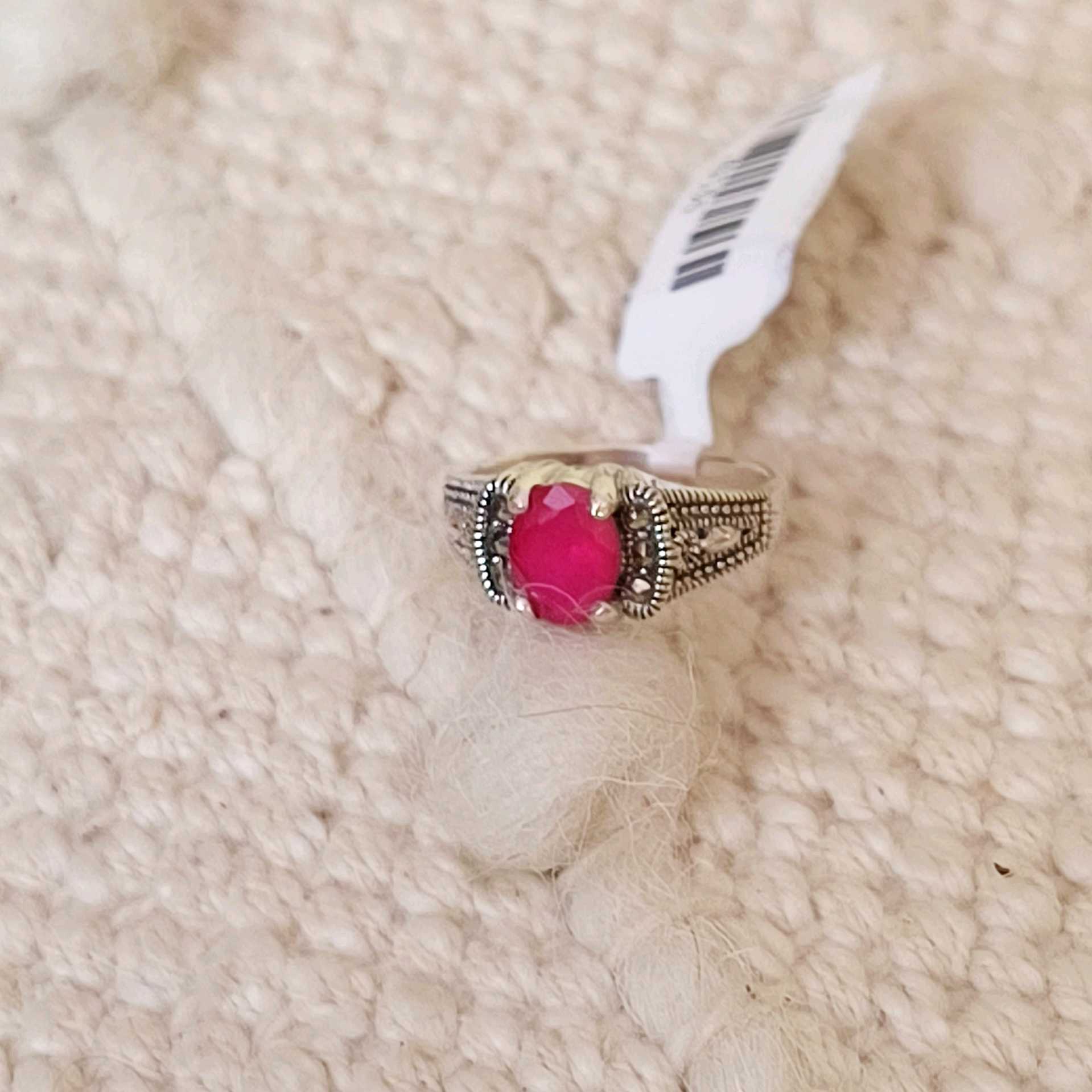 Pink Onyx Marcasite Ring in Silver