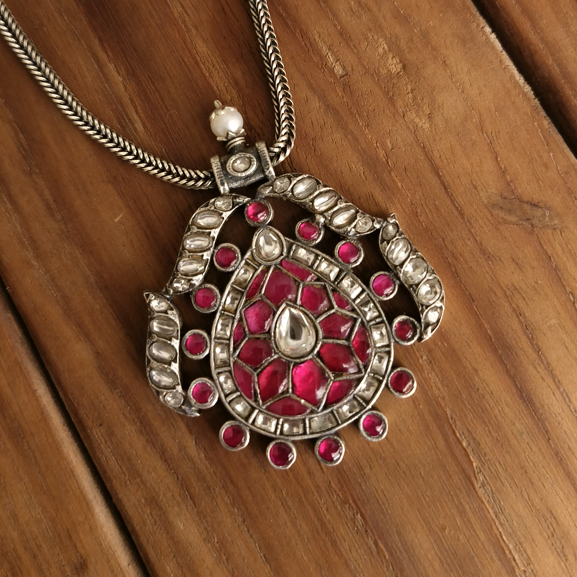 Pink White Kundan Pendant with chain