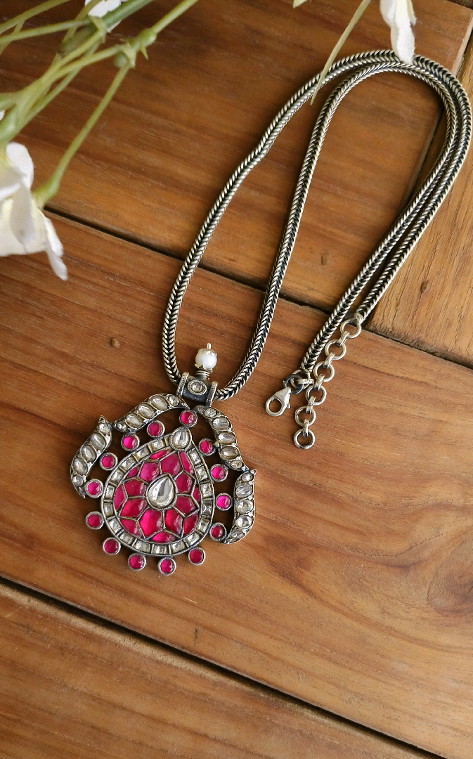 Pink White Kundan Pendant with chain