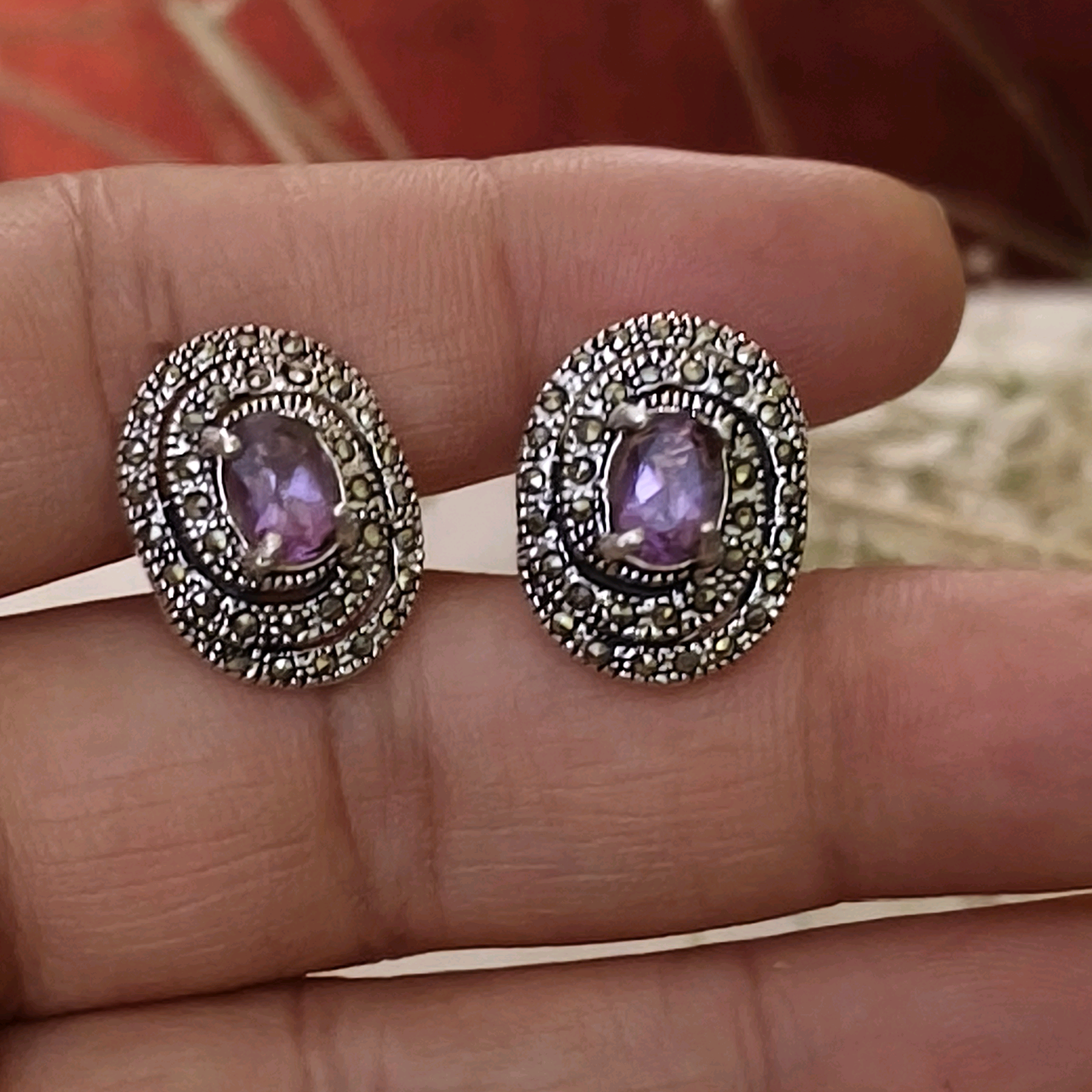 Gia Amethyst Marcasite Oval Studs