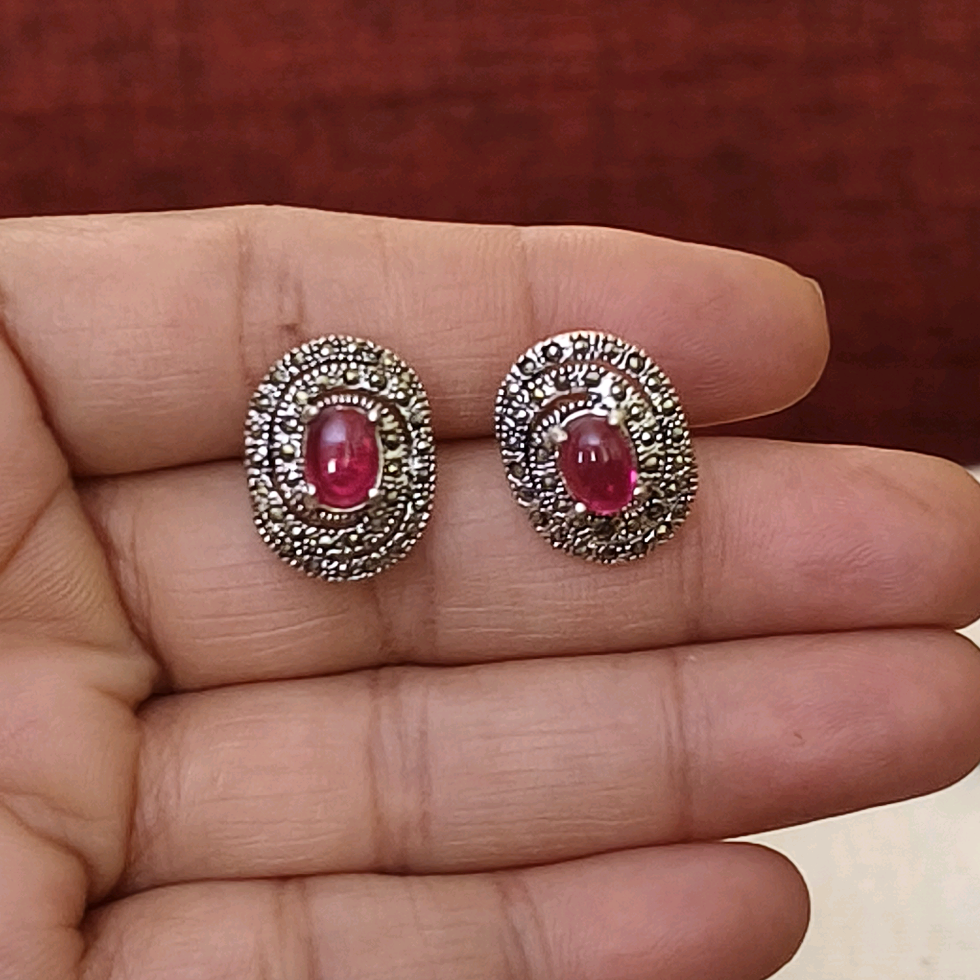Gia Pink Stone Oval Marcasite Studs
