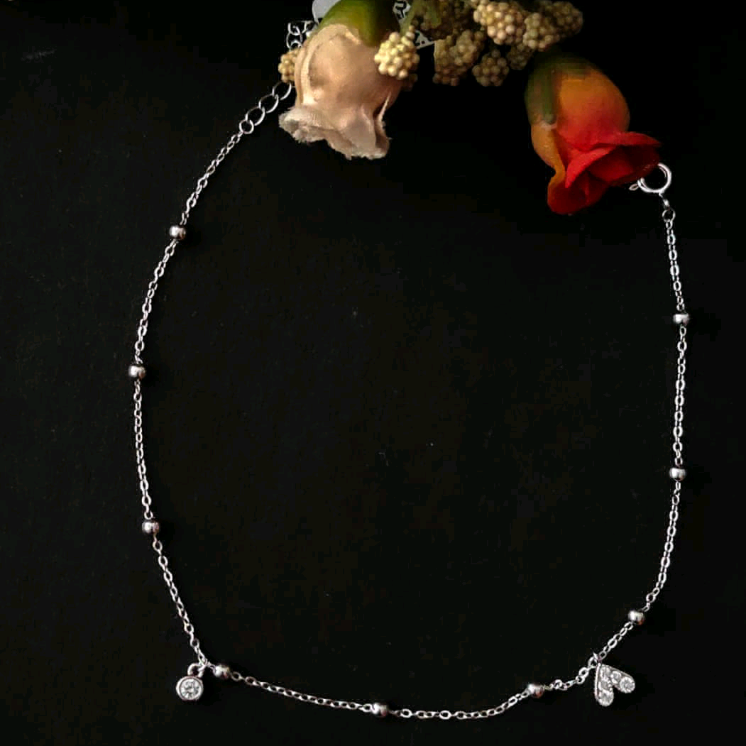 CZ heart charm Silver Anklet