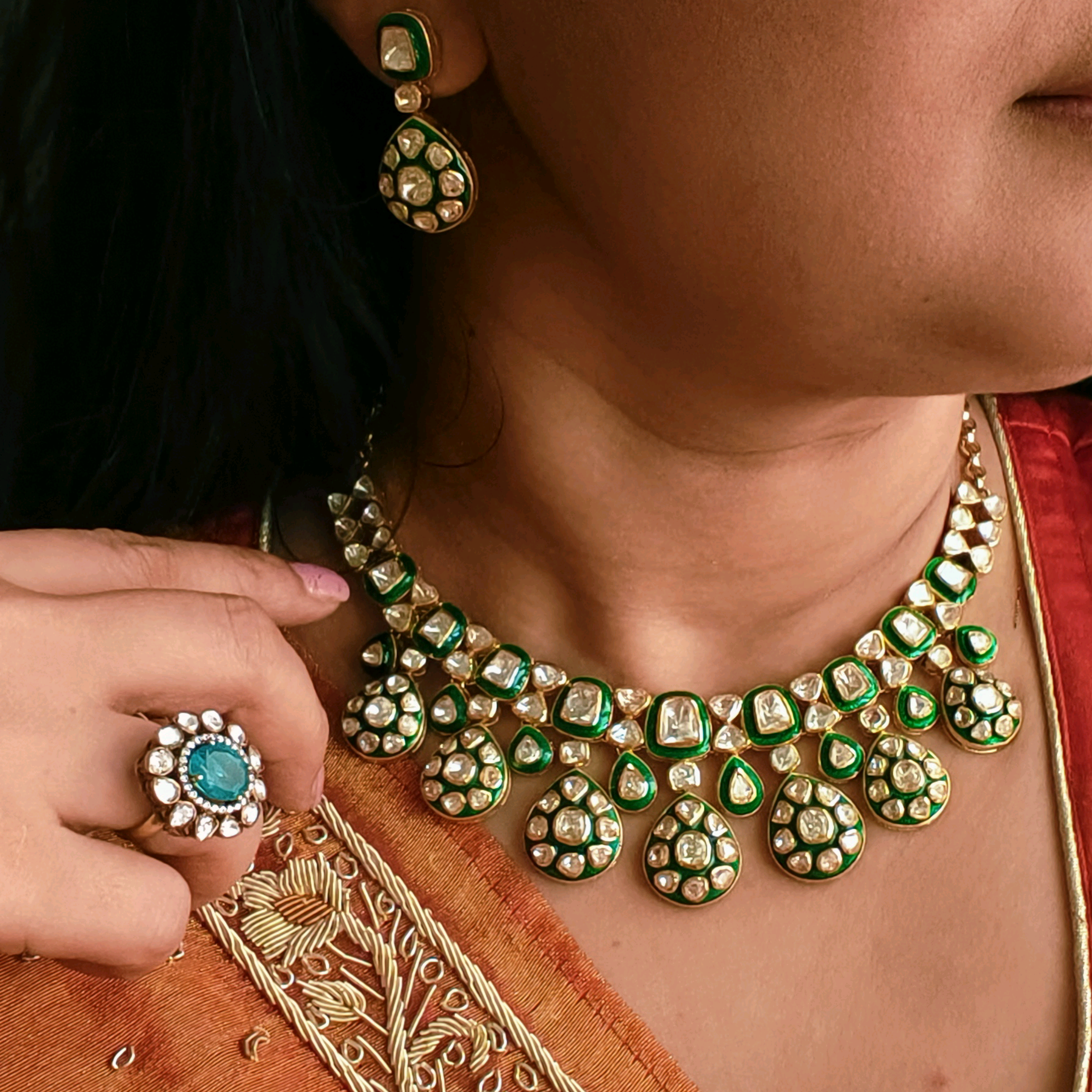 Nayaab Moissanite Necklace with Green Minakari