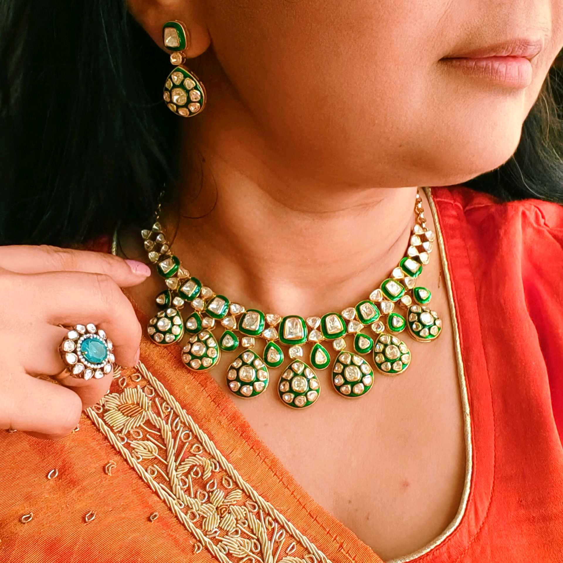 Nayaab Moissanite Necklace with Green Minakari