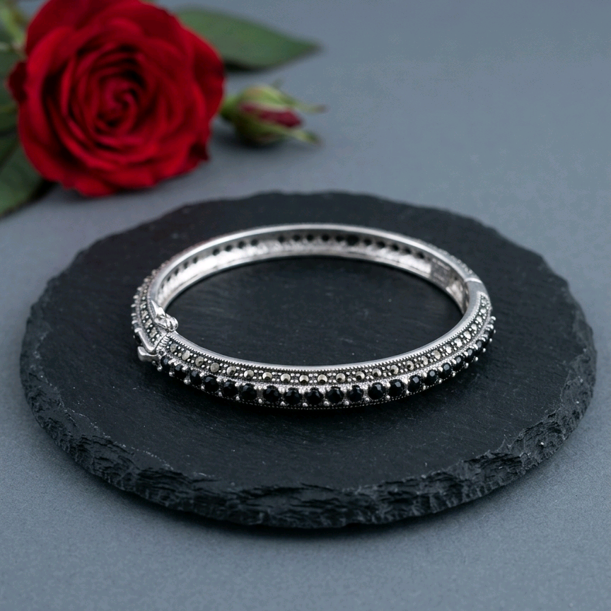 Gia Black Onyx Marcasite Bangles Openable