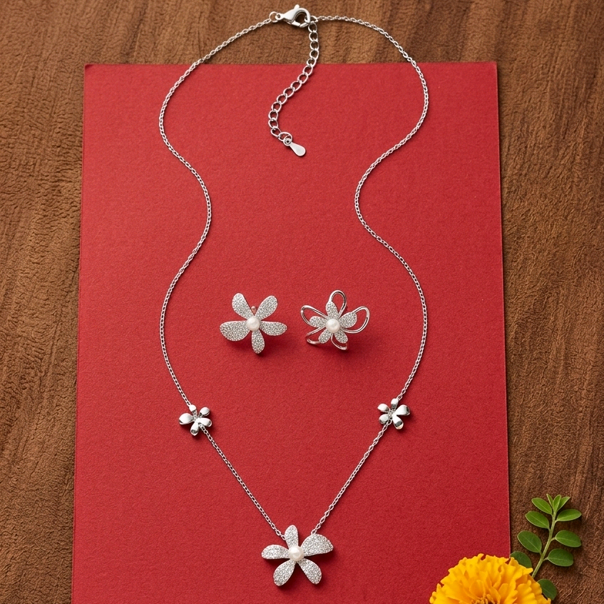 Dainty Silver Flower Pendant Set 