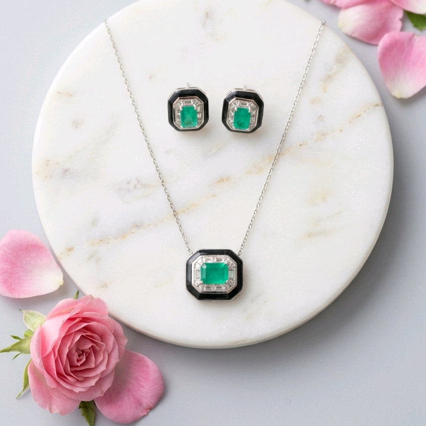 Black Enamel With Green CZ Pendant Set