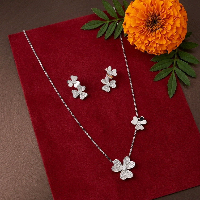 Silver CZ Flower Pendant With Dainty Flower In Chain