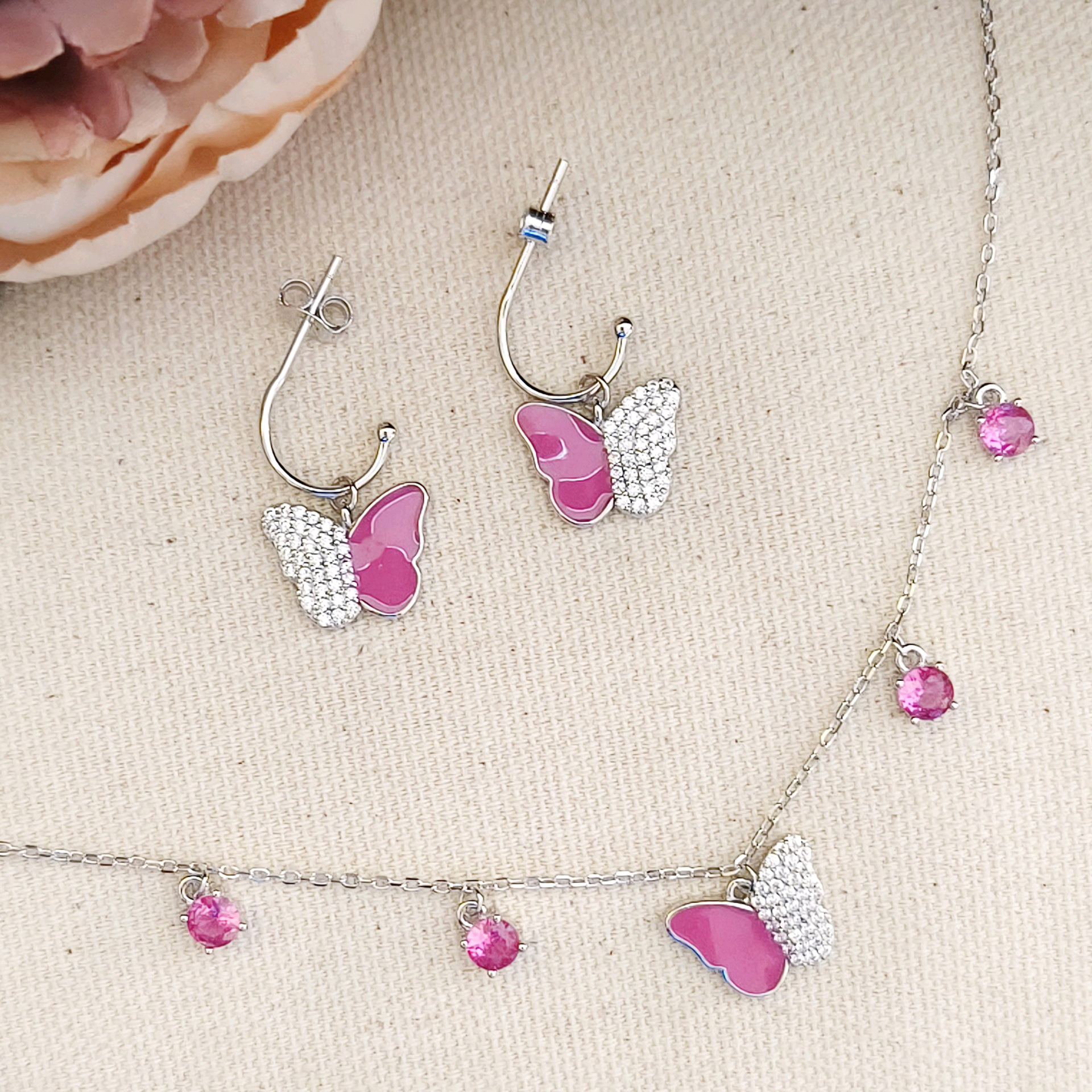 Silver Zircon Studded Butterfly Pendant With Pink Enamel in Link Chain 