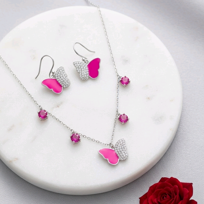 Silver Zircon Studded Butterfly Pendant With Pink Enamel in Link Chain 
