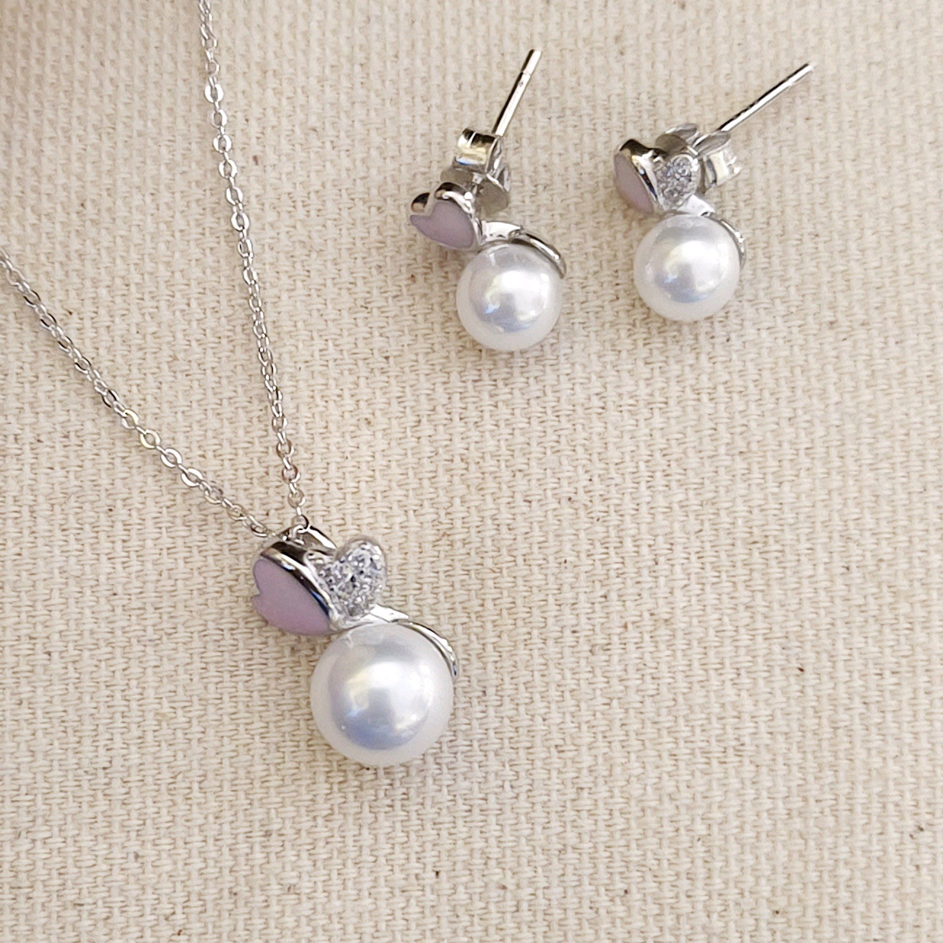 Sterling Silver Pearl Pendant with Dainty Pink Heart Pendant Set 