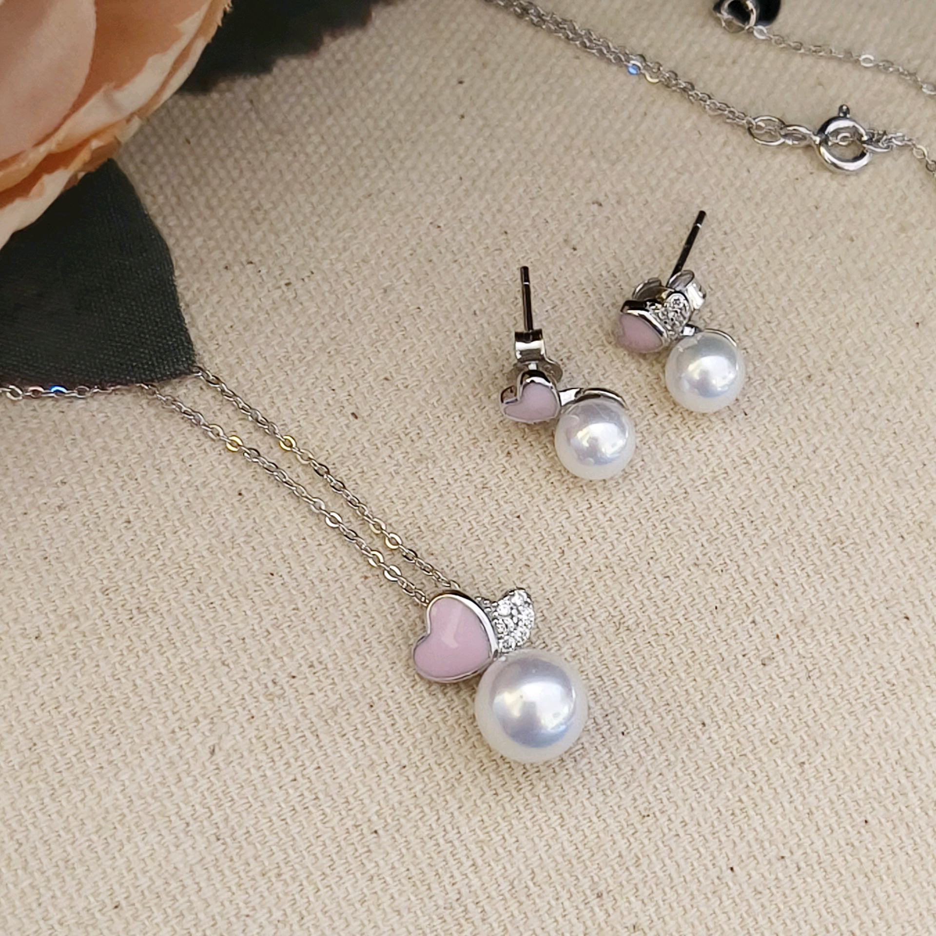 Sterling Silver Pearl Pendant with Dainty Pink Heart Pendant Set 