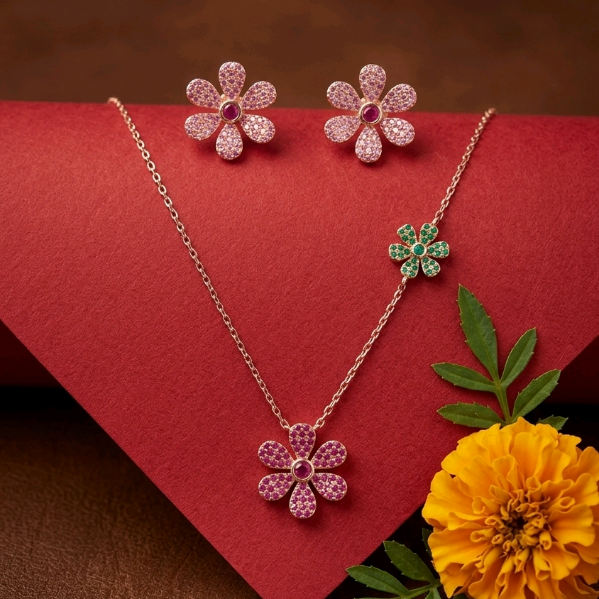 Rose Gold Pink Flower Pendant Set 