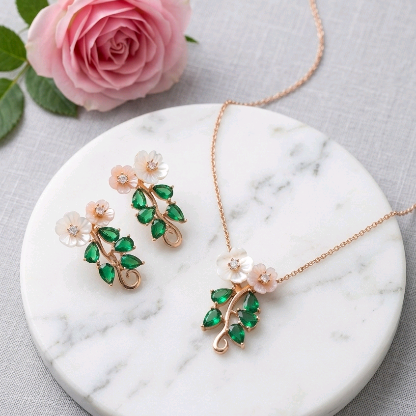 Rose Gold MOP Flower With Green Pendant Set