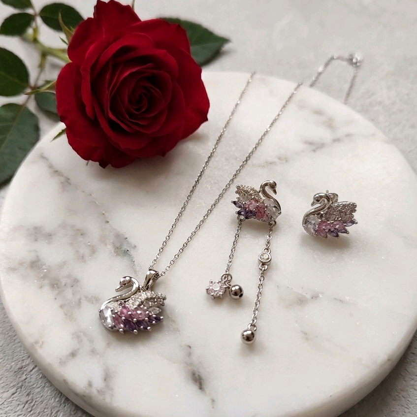 Silver CZ Swan Pendant Set