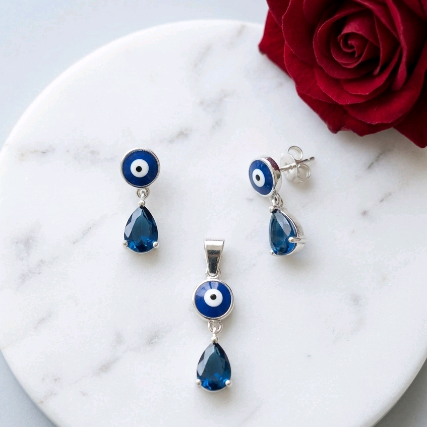 Silver Blue Evil Eye Pendant Set