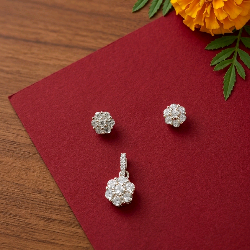 Silver CZ Flower Pendant Set 