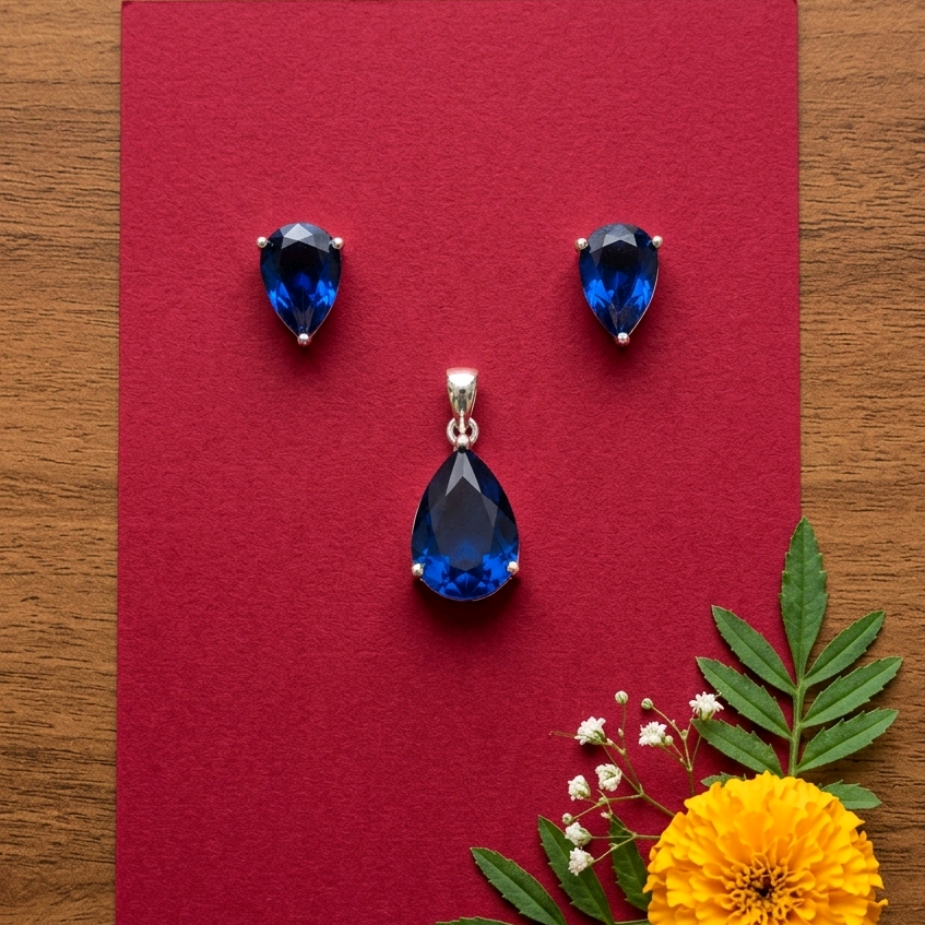 Silver Royal blue Drop Pendant Set