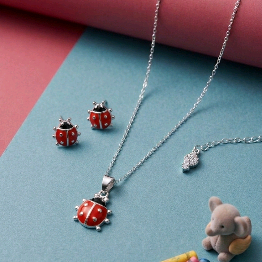 Red Enamel ladybug Pendant Set