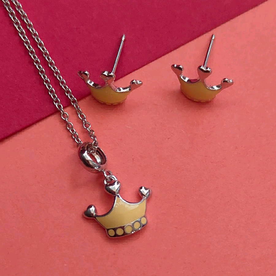 Yellow Enamel Crown Pendant Set 