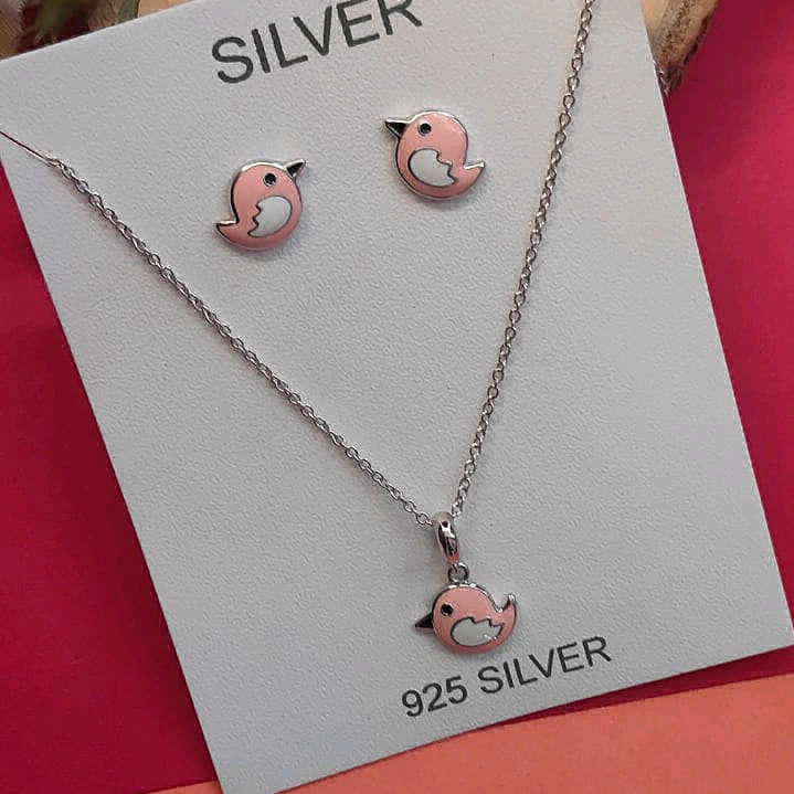 Pink Enamel Bird Pendant Set 