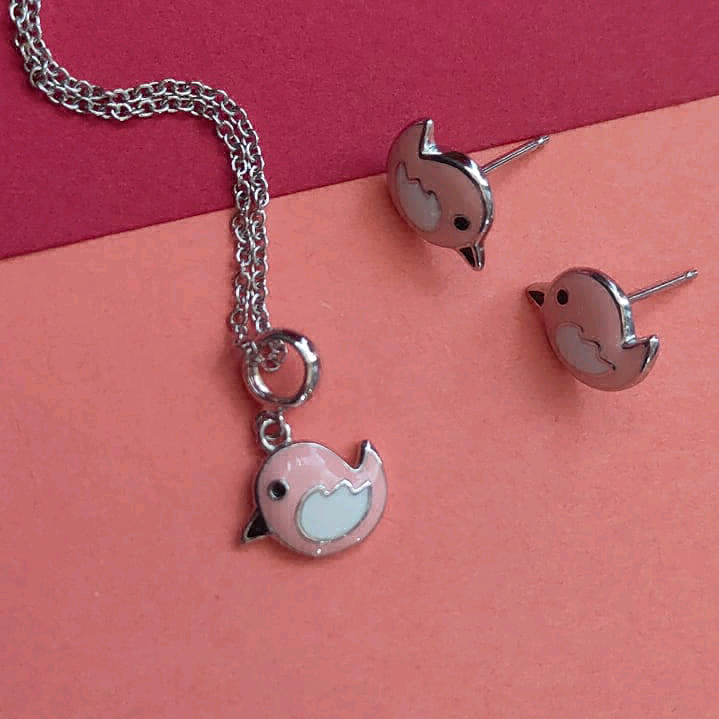 Pink Enamel Bird Pendant Set 