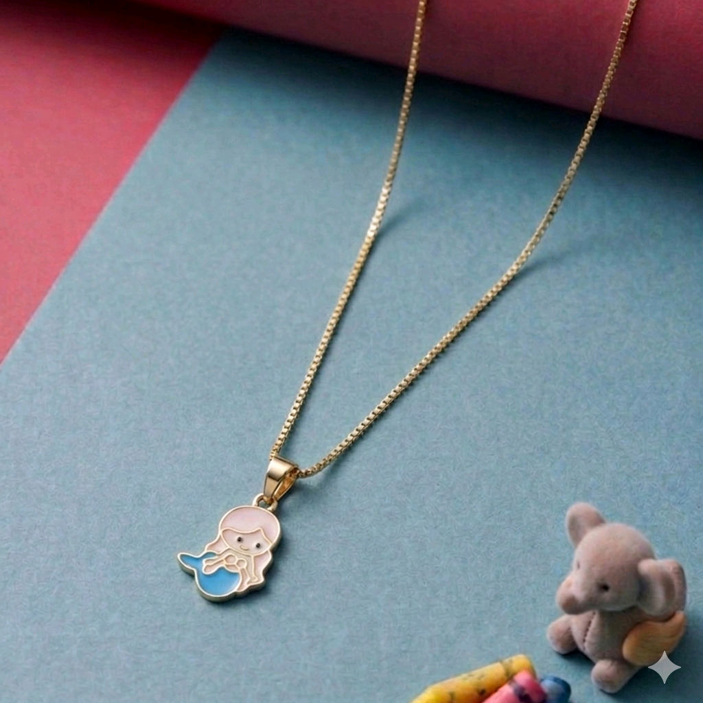 Enamel Pink BabyMermaid Pendant With Chain 