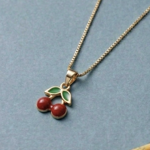 Red Enamel Cherry Pendant With Rose Gold Chain