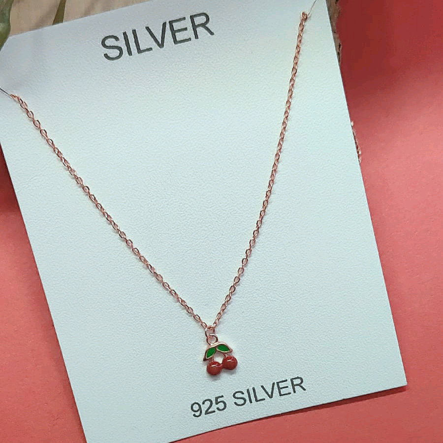 Red Enamel Cherry Pendant With Rose Gold Chain