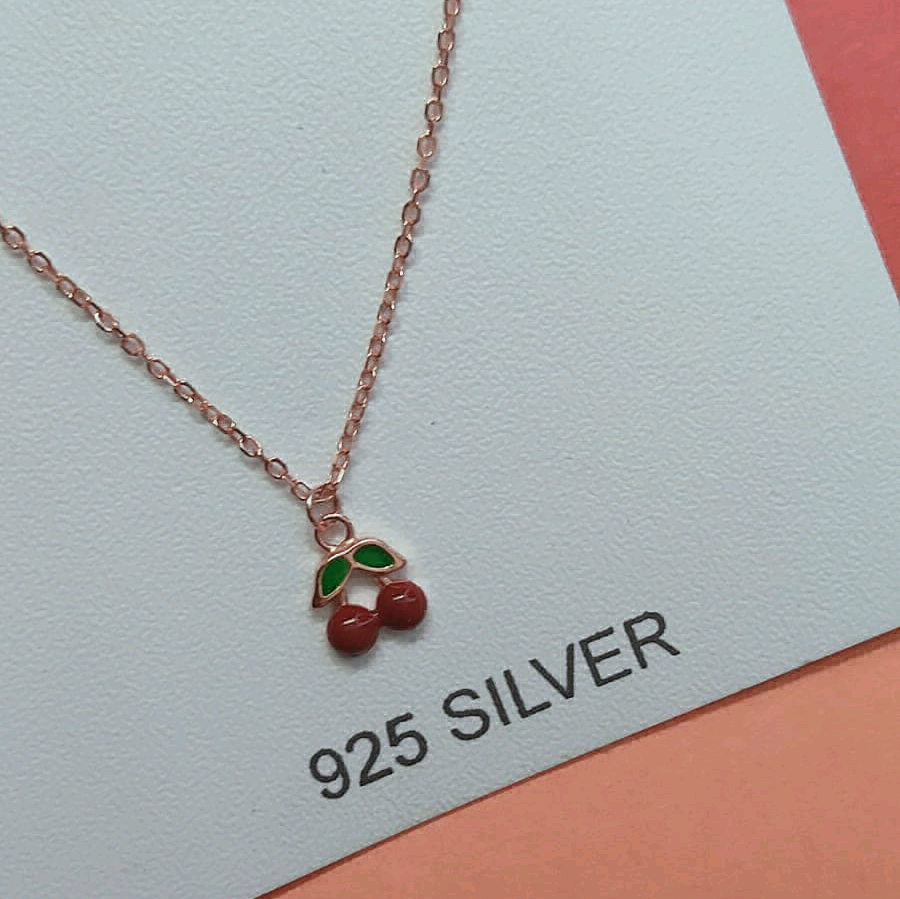 Red Enamel Cherry Pendant With Rose Gold Chain