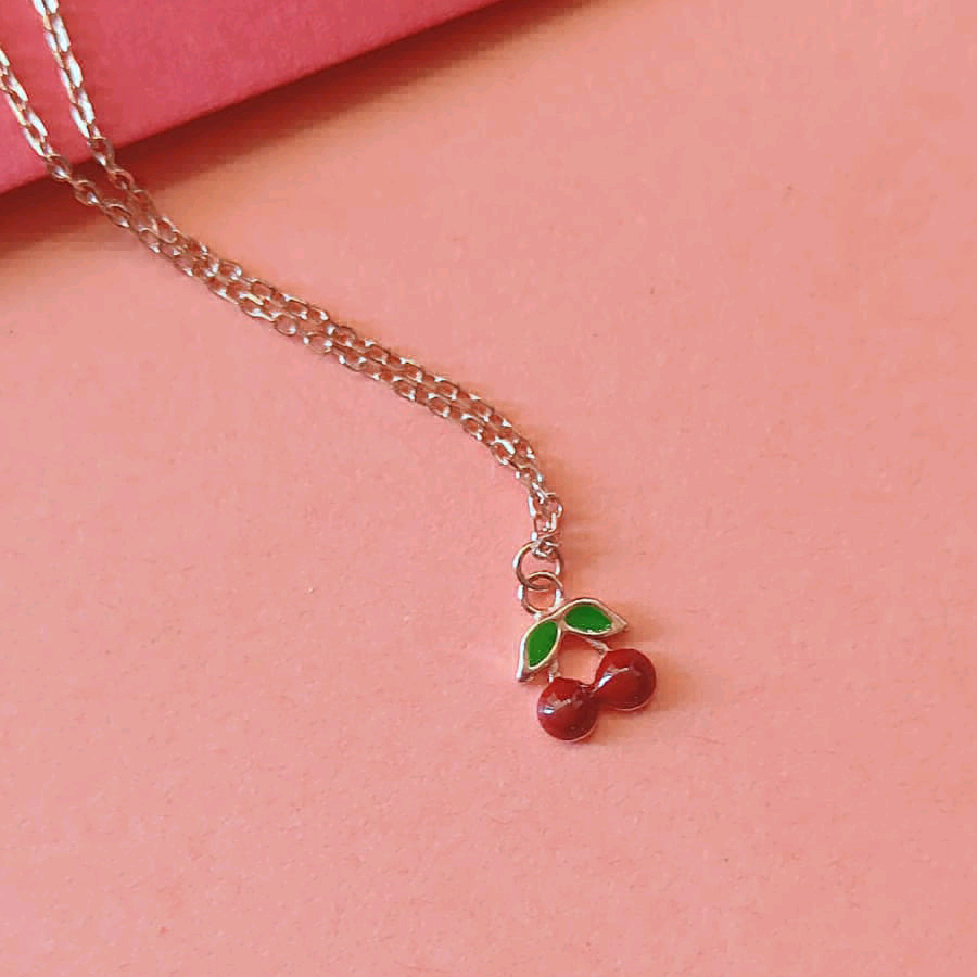 Red Enamel Cherry Pendant With Rose Gold Chain