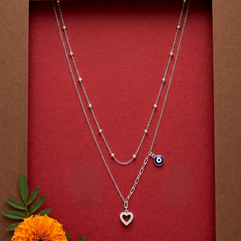 Two Layer Evil Eye  Heart Necklace 
