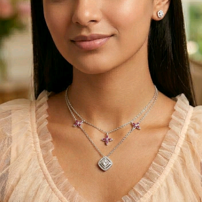 Two layered Diamond Halo With Flory Nacklace 