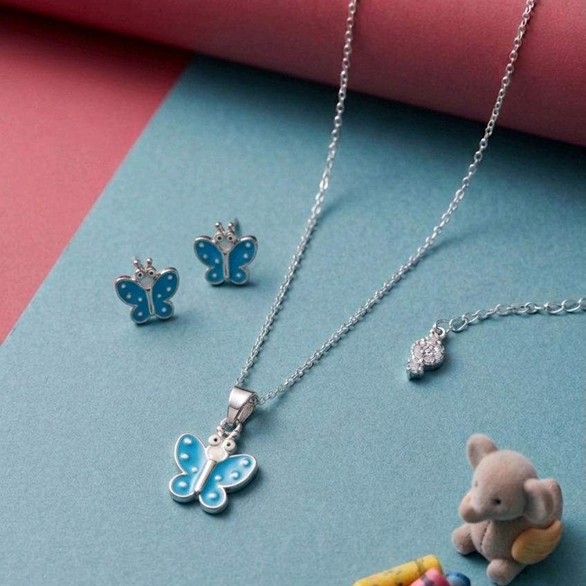 Blue Enamei Butterfly Pendant Set