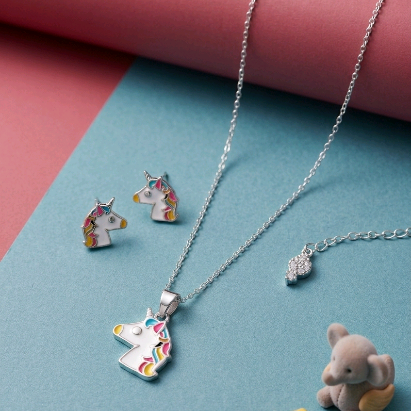 White Enamel Unicorn Pendant Set