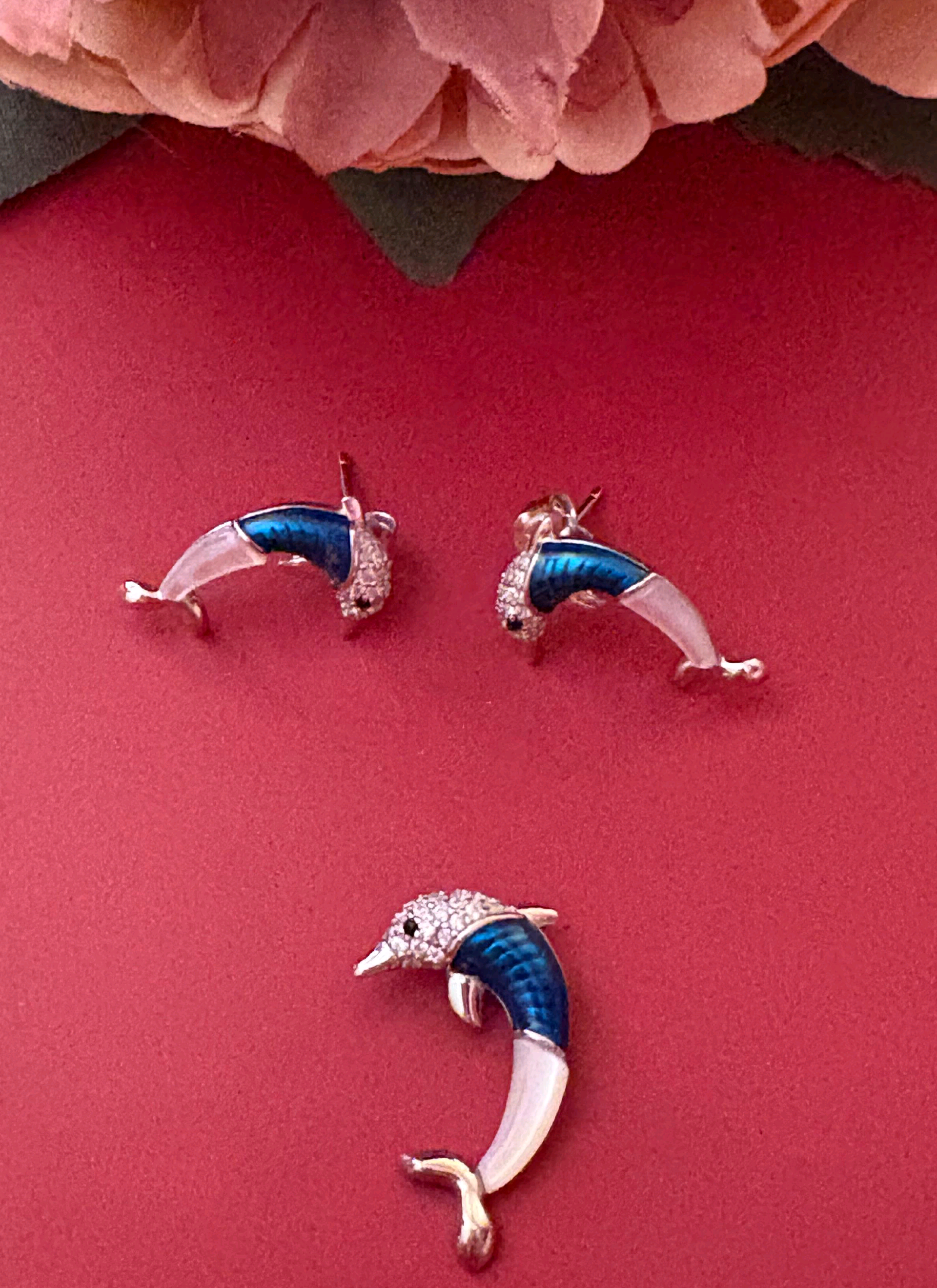 Blue Enamel Dolphin Pendant Set